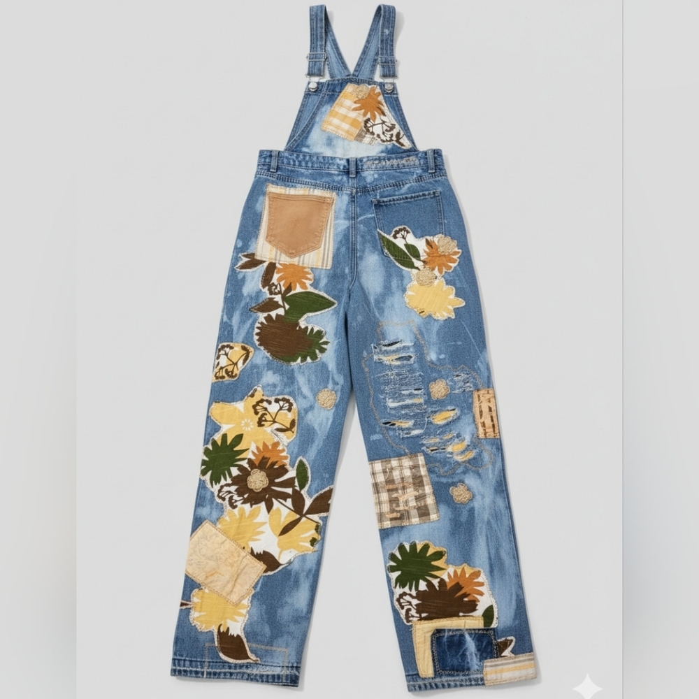 Upcycled & Handcrafted Floral Patchwork Denim Ove… - image 4